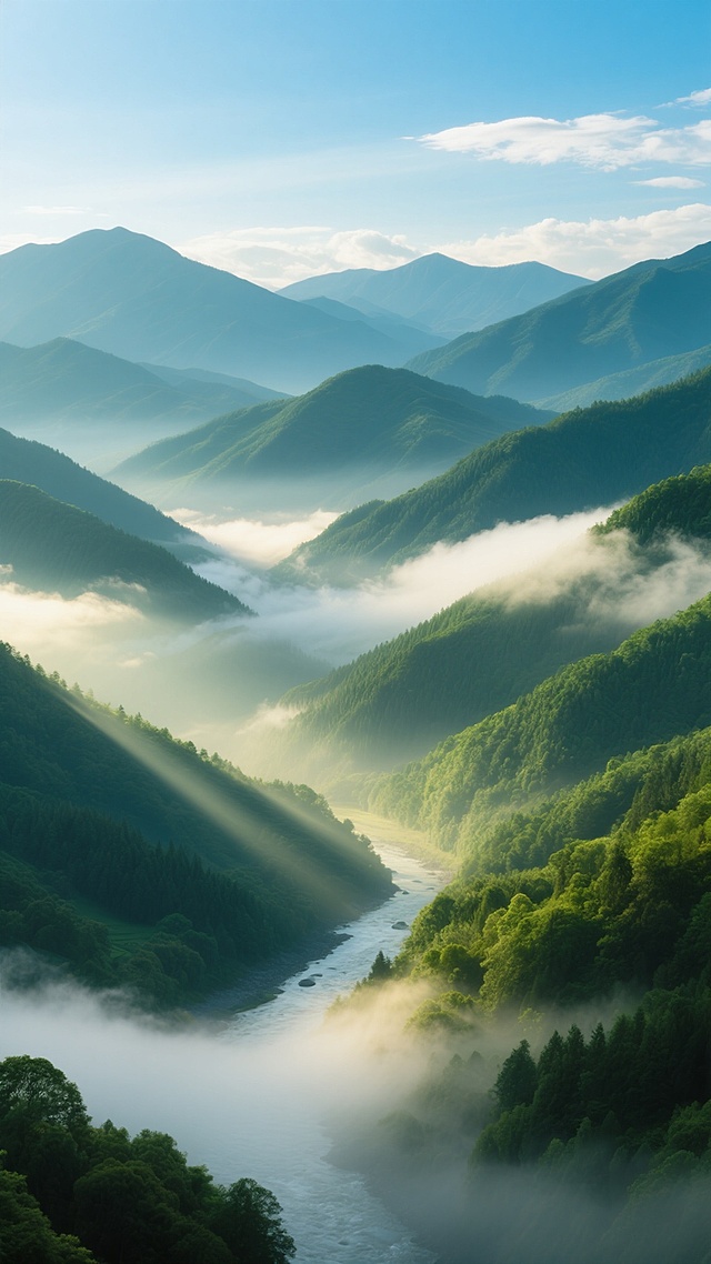 清晨或傍晚时分的山脉全景，连绵起伏的多层山峦呈现深浅不一的绿色，从近处茂密的墨绿色森林到远处被薄雾笼罩的淡绿色山峰，山间云雾缭绕如轻纱般飘荡在山谷间，一条蜿蜒的河流穿过山脚，阳光从云层间隙洒落形成柔和的光束，照亮部分山脊和河谷，天空湛蓝纯净点缀着几缕白色云朵，整体画面层次分明、色彩清新自然，营造出宁静悠远、生机勃勃的山水意境，具有高度写实的摄影质感，细节丰富的植被纹理和清晰的山体轮廓。