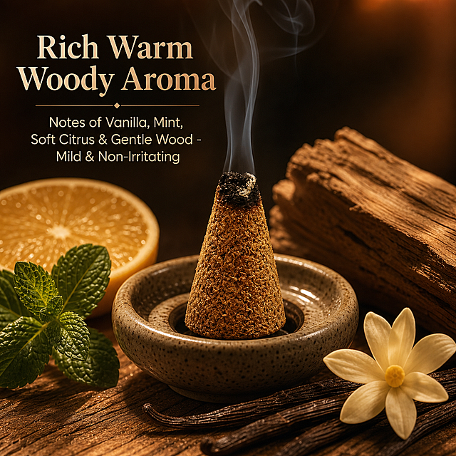 Amazon e-commerce main image, 1:1 square, fragrance profile showcase. A single lit Palo Santo incense cone with delicate smoke rising, placed on a ceramic burner. Surrounding visual elements representing scent notes: vanilla pod, mint leaves, citrus slice, and wood grain texture, artistically arranged. English headline text: "Rich Warm Woody Aroma" with subtitle: "Notes of Vanilla, Mint, Soft Citrus & Gentle Wood - Mild & Non-Irritating". Warm atmospheric lighting, elegant composition, all text in English.
