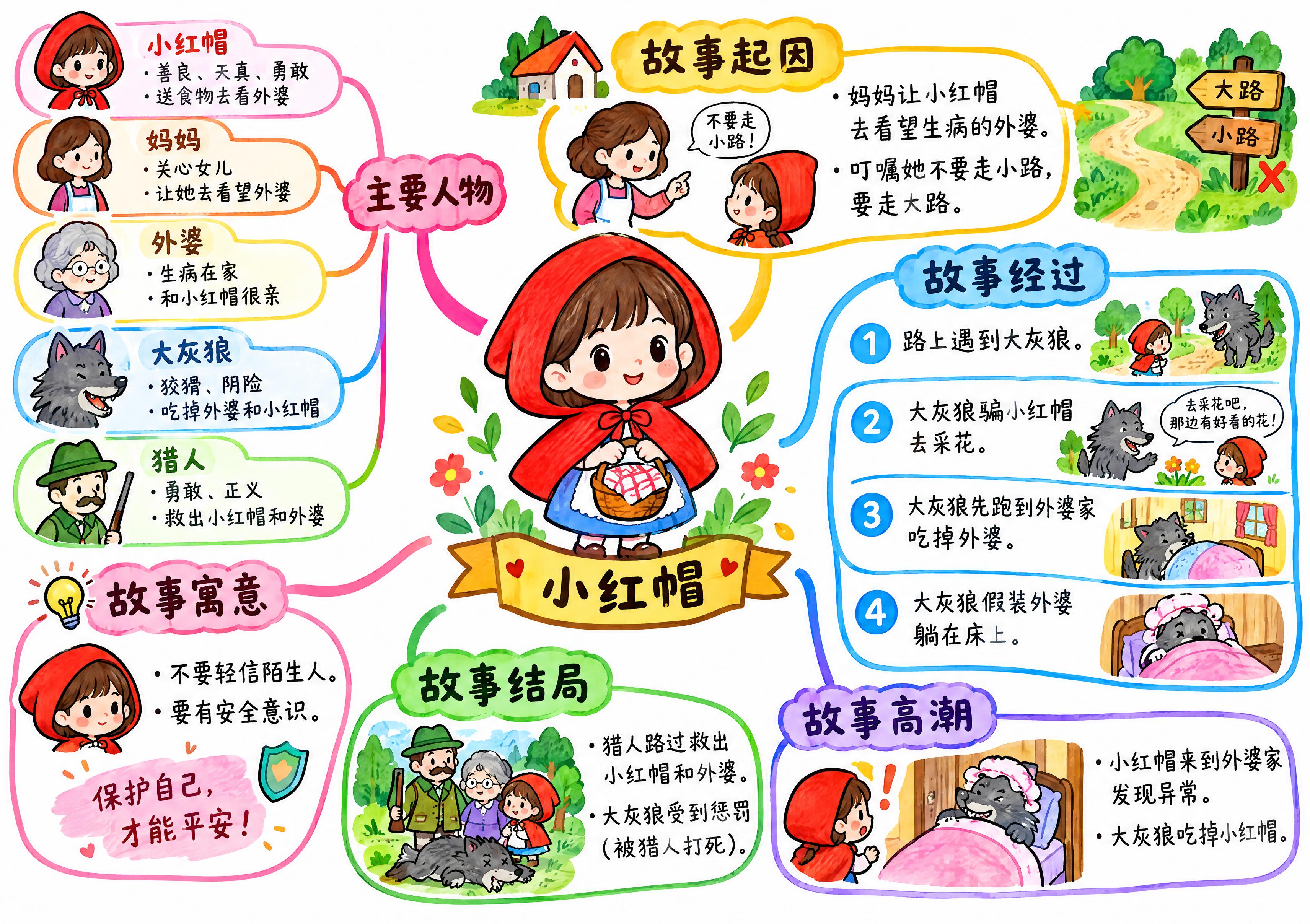 小红帽故事思维导图，马克笔手绘风格，白色背景，童趣可爱的线条，… - 图片创意预览