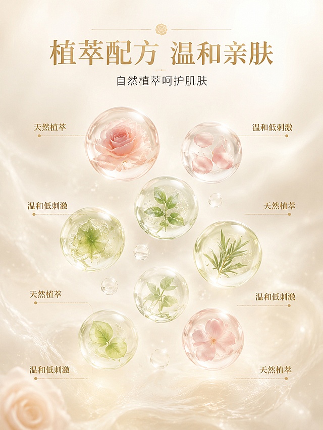详情页总规划｜平台/语种/品类：国内电商平台/简体中文/护肤面霜｜全局视觉系统：背景底色HEX：#F5F2EC（低饱和米杏色渐变叠加柔焦植影纹理）；主色：米白色（来自包装标签，占比60%），辅色：哑光金色（来自瓶盖，占比30%），点缀色：低饱和草木绿（来自植萃元素，占比10%）；画风：植系简约轻奢；光影：柔和自然光漫射，无硬阴影；渲染：写实商品+轻拟态元素；标题字形：简约优雅衬线字体，正文字形：无衬线字体；标题呈现：左对齐或头部居中，字色为哑光金、深灰棕2种；圆角卡/标签/icon：半透明白色圆角卡、哑光金胶囊标签、草木绿极简植系icon；留白：四边留10%安全留白，模块间自然过渡无硬分割；层级：商品主体>核心标题>辅助信息>背景元素；文字安全区：距四边≥8%画布宽度｜合规边界：不得编造产品具体成分、具体功效验证依据、规格参数、适用肤质、使用注意事项，不可夸大功效，不得宣传医疗功效、疾病治疗、药品暗示、永久效果、绝对化表述，符合护肤品相关宣传合规要求
【首屏主视觉】｜实际图位类型：商品全貌展示图｜核心视觉：AURORA BOTANICS焕亮修护面霜完整包装置于画面中心，四周散落零星干燥植草装饰｜背景/风格：米杏色渐变背景叠加柔焦叶片投影，自然植系轻奢感｜画面策略：上下结构，主体占画面60%位于中心；标题区顶部居中，核心卖点以4个半透明圆角小卡整齐排列于画面底部；阅读动线从上到下依次为标题→商品主体→卖点；四边留10%安全区；背景植影自然铺满无空边｜人物/道具建议：无人物，搭配少量与植萃配方相关的干燥草本作为装饰｜平台规则：突出品牌质感与商品全貌，利益前置｜图位文案：主标题：植萃焕亮 柔润修护；副标题：温和养出自然透亮肌；卖点标签：植萃配方、温和亲肤、改善暗沉、焕亮修护｜产品角度/景别：平视包装全貌，中景｜比例建议：3:4，适配国内电商主图展示尺寸，兼顾信息完整性与视觉舒适度｜协同要求：包装的磨砂玻璃、哑光金盖细节还原真实，与全局视觉配色统一
【功能卖点图1】｜实际图位类型：核心功能特写图｜核心视觉：面霜膏体被手指轻挖取的特写，周围环绕半透明水润光泽圈｜背景/风格：米杏色渐变背景叠加细碎水波纹理，清透温和感｜画面策略：左右结构，主体占画面55%位于左侧；标题区顶部左对齐，3个功能卖点以哑光金胶囊标签分布在右侧空白处；阅读动线从左到右依次为标题→膏体特写→功能卖点；四边留10%安全区；背景水波纹自然铺满无空边｜人物/道具建议：仅展示干净的取膏手部局部，无额外道具｜平台规则：功能展示可视化，不夸大表述｜图位文案：主标题：润养焕亮 击退暗沉；副标题：温和改善肤色不均；卖点标签：焕亮肤色、改善暗沉、润养肌底｜产品角度/景别：俯视膏体取用量特写，近景｜比例建议：3:4，清晰展示膏体状态与功能关联｜协同要求：避免与首屏同角度，膏体质地还原真实，光泽自然不夸张
【功能卖点图2】｜实际图位类型：第二功能展示图｜核心视觉：少量面霜在手背被轻轻推开的特写，呈现轻薄好吸收的状态｜背景/风格：米杏色渐变背景叠加柔焦丝绸纹理，亲肤舒适感｜画面策略：上下结构，主体占画面50%位于中心偏下；标题区顶部居中，肤感相关卖点以半透明圆角小卡排列在画面底部；阅读动线从上到下依次为标题→推开的膏体→卖点；四边留10%安全区；背景丝绸纹理自然铺满无空边｜人物/道具建议：仅展示干净的手背局部，无额外道具｜平台规则：突出使用体验，不编造功效依据｜图位文案：主标题：轻薄好推 温和修护；副标题：日常护肤无负担；卖点标签：质地轻薄、易吸收、不黏腻｜产品角度/景别：平视手背涂抹特写，近景｜比例建议：3:4，清晰展示涂抹后的肤感状态｜协同要求：避免与功能卖点图1同角度同文字位置，肤感呈现真实
【模特展示图】｜实际图位类型：生活化使用场景图｜核心视觉：面带自然透亮好状态的模特，手持面霜罐置于脸颊旁，动作放松自然｜背景/风格：米杏色渐变背景叠加窗边柔焦光影，日常居家护肤感｜画面策略：左右结构，模特主体占画面60%位于右侧；标题区顶部左对齐在左侧干净留白区域；阅读动线从左到右依次为标题→模特→面霜；四边留10%安全区；背景光影自然铺满无空边｜人物/道具建议：模特皮肤状态自然无过度磨皮，动作是手持面霜轻靠脸颊，无夸张表情｜平台规则：场景真实生活化，突出使用氛围｜图位文案：主标题：日常护肤 一步焕亮；副标题：养成透亮好气色｜产品角度/景别：中景，模特半身+手持完整面霜｜比例建议：9:16，适配短视频平台种草展示，场景感更强｜协同要求：模特状态自然，面霜包装展示清晰，与全局风格统一
【商品成分图】｜实际图位类型：配方概念展示图｜核心视觉：多个半透明成分球体悬浮于画面中，球体内含模糊植萃叶片、花朵元素，球体旁配短标签｜背景/风格：米杏色渐变背景叠加朦胧水雾感，植系纯净感｜画面策略：居中发散结构，成分球体占画面60%均匀分布在中心区域；标题区顶部居中，短标签紧邻对应成分球体；阅读动线从上到下依次为标题→成分球体→对应标签；四边留10%安全区；背景水雾自然铺满无空边｜人物/道具建议：无人物，以植萃元素作为球体内部视觉内容｜平台规则：不编造具体成分名、浓度、专利等信息，仅展示植萃配方概念｜图位文案：主标题：植萃配方 温和亲肤；副标题：自然植萃呵护肌肤；标签：天然植萃、温和低刺激｜产品角度/景别：无产品实体，成分概念全景｜比例建议：3:4，清晰呈现配方概念逻辑｜协同要求：不出现具体成分名称，视觉风格纯净符合植系定位
【商品细节图】｜实际图位类型：质地细节展示图｜核心视觉：少量面霜置于磨砂玻璃罐口，呈现丰润细腻的膏体质地，罐身半露｜背景/风格：米杏色渐变背景叠加柔焦木质台面纹理，高级质感｜画面策略：上下结构，罐口膏体占画面50%位于中心偏下；标题区顶部居中；阅读动线从上到下依次为标题→膏体质地；四边留10%安全区；背景木质纹理自然铺满无空边｜人物/道具建议：无人物，无额外道具｜平台规则：真实展示质地，不与成分图内容重复｜图位文案：主标题：丰润质地 细腻柔滑；副标题：触肤即融好吸收｜产品角度/景别：俯视罐口膏体质地特写，近景｜比例建议：3:4，清晰展示膏体真实质感｜协同要求：避免与功能卖点图的膏体展示角度重复，突出包装与质地的细节
【效果对比图】｜实际图位类型：使用效果对比图｜核心视觉：同一手背左右两侧对比，左侧为未涂抹面霜的自然状态，右侧为涂抹面霜后呈现的自然透亮状态｜背景/风格：米杏色渐变背景，干净无多余装饰｜画面策略：左右分屏结构，两侧对比区域各占画面40%，中间自然区隔；标题区顶部居中；阅读动线从上到下依次为标题→左侧未涂抹区域→右侧涂抹区域；四边留10%安全区；背景自然铺满无空边｜人物/道具建议：仅展示干净的手背局部，无额外道具｜平台规则：效果展示客观克制，不夸大、不宣称立即见效、绝对化效果｜图位文案：主标题：润养之后 自然透亮；副标题：坚持使用改善肤质｜产品角度/景别：平视手背对比特写，近景｜比例建议：1:1，对比展示清晰直观｜协同要求：对比效果自然不夸张，无过度修图
【使用建议】｜实际图位类型：使用步骤展示图｜核心视觉：2步使用动作图示，分别为取适量面霜、轻柔按摩至吸收｜背景/风格：米杏色渐变背景叠加柔焦植影，清晰友好感｜画面策略：上下分栏结构，两个步骤各占画面40%上下分布；标题区顶部居中，每个步骤旁配半透明圆角小卡标注步骤要点；阅读动线从上到下依次为标题→「图片1」帮我生成详情页