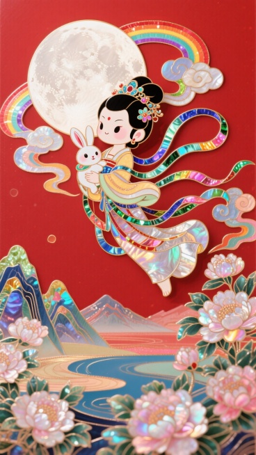 Q版风格，嫦娥怀抱玉兔奔向一轮圆月，衣摆飘逸。周围环绕着祥云和盛开的花朵，背景山脉，红色底色，非常规的动态构图，极繁主义，玄幻预览效果