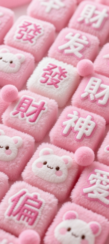 画面中是大量粉色系的毛绒方块，上面绣有 “發”“財”“神”“偏”“愛” 等字样，字体圆润可爱，颜色以粉色和白色为主，还点缀着一些粉色的毛绒球。预览效果
