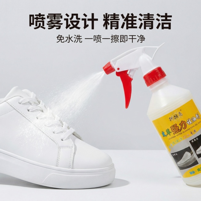 [主图 3] 鞋子清洁剂喷雾使用效果展示主图，产品外观必须和输入产品图完全一致，保留原本的红白喷头和瓶身颜色，一瓶产品斜放在干净白鞋旁，喷头对准鞋面对准喷出细腻雾状清洁液，动态喷雾效果呈现，干净浅灰色预览效果