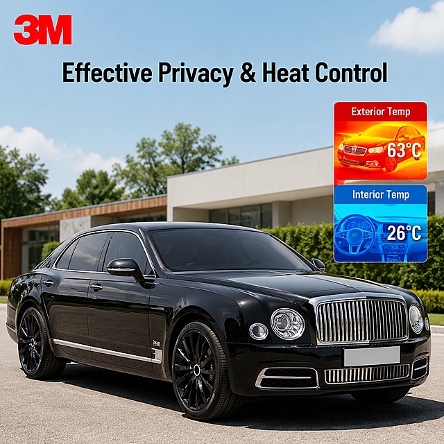 [Main Image 4] Heat insulation and privacy performance demonstration.
[Atmosphere Style] Experiential scene display, intuitive and easy to understand.
[Image Quality] Real scene commercial photography, soft natural light, clear picture, realistic effect.
[Elements] The main picture shows a sedan parked outdoors, after applying 3M window film, the exterior can not see the interior situation, achieve privacy effect. The upper left corner retains the original 3M logo, the picture structure is reasonable, the vehicle appearance remains consistent with the product展示 image. On the right side, the infrared thermal imaging comparison icon shows that the temperature outside the car is high, and the temperature inside the car after heat insulation is low, which intuitively demonstrates the heat insulation effect.
[Light and Shadow] Natural outdoor soft light, the light is even, showing the real effect of the film on the car.
[Color Matching] Main color natural environment cool tone, car black, 3M logo red and black, the temperature comparison icon uses red (high temperature) and blue (low temperature) to distinguish, intuitive.
[Perspective Composition] Front 45-degree view of the vehicle, the main body is prominent, the auxiliary icon is reasonably arranged.
[Text Layout] Top title "Effective Privacy & Heat Control", the right icon is labeled with "Exterior Temp" and "Interior Temp", the text is simple and clear, the size is appropriate, does not block the vehicle body.
[Output Requirements] 1:1 ratio, 2048x2048 resolution, clear text, ultra high definition commercial photography texture.
[Negative Prompt] Deformed vehicle, blurred text, Chinese characters, watermark, exaggerated colors, cluttered background.