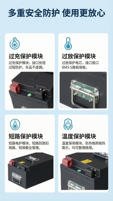 [第7屏] 磷酸铁锂锂电池安全保护细节，分块展示多重安全设计。
[氛围/风格] 工业细节展示，专业严谨，突出安全可靠品质。
[元素布局] 页面顶部主标题，下方分成四个方形网格，每个网格展示一项安全细节预览效果