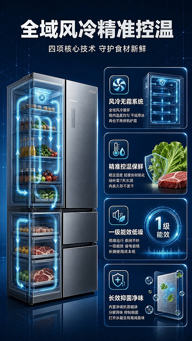 [商品] 使用【图1】风冷无霜变频多门冰箱；保留银灰色金属拉丝面板、多门结构、品牌Logo；产品做半透明剖面或风道示意叠加效果，展示内部风冷循环路径，增强科技感，不改变产品外观结构。
[画面] 核心功能技术模块，目标把专业参数翻译成用户收益。竖版构图，左侧为冰箱侧视/半剖面示意图（带风冷循环气流线条），占画面约45%，右侧纵向排列4个技术功能卡片，每张卡配图标+技术名+用户收益文案。背景为深空蓝渐变科技感底色，有细微网格和光点，与前几张浅色形成对比。阅读动线：左侧产品示意→右侧4个功能卡片从上到下。
[视觉] 套系策略：风格=高端科技商业摄影风；标题字=现代无衬线粗黑体（思源黑体Heavy）；正文字=简洁无衬线体（思源黑体Regular）；主色=银灰+深空蓝；背景延展=基于银灰与浅蓝做渐变层级、同色系几何玻璃质感、细腻金属反光；强调色=冰蓝色，仅用于小面积图标、引线、按钮高光和标签；标题色=深空灰；正文色=中灰；组件=圆角半透明信息卡、细线引线、胶囊形标签；光影=左前侧冷调柔光，产品右侧有轮廓光，地面柔和倒影。
[文字] 顶部主标题「全域风冷精准控温」，副标题「四项核心技术 守护食材新鲜」。4个功能卡片：1.「风冷无霜系统」+小字「全域风冷循环 箱内温度均匀 不结厚冰 再也不用停机铲霜」；2.「精准控温保鲜」+小字「稳定湿度 延缓食材氧化 绿叶菜7天水润 肉类久存不发干」；3.「一级能效低噪」+小字「低噪运行 夜间不吵 一级能效 省电省钱 长期使用成本低」；4.「长效抑菌净味」+小字「内置净味抗菌模块 分解异味 抑制细菌 打开冰箱没有难闻臭味」。所有文字横排。
[规格] 图片比例9:16竖版，4K分辨率，淘宝/天猫详情页适配，避免变形、错字、文字过小、技术示意失真、纯白底、极限词、虚假功效承诺。