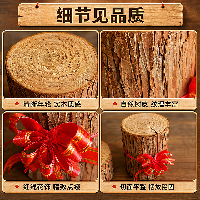 [商品] 使用【图3】杉墩木段配红绳花细节特写；保留杉木段树皮纹理、年轮截面、红绳金边蝴蝶结的结构与颜色；商品处理：保留木段自然纹理与红绳花造型，增强木纹细节清晰度与红绳缎面光泽，不改变产品结构与比例。
[画面] 目标：材质细节展示，体现杉木质感与红绳花做工。构图：四宫格拼图，左上为木段截面年轮特写，右上为树皮纹理微距，左下为红绳花蝴蝶结细节，右下为整体做工展示；每格配短说明；背景为暖木色深浅分区。
[视觉] 套系策略：风格=自然庭院风商业摄影；标题字=阿里巴巴普惠体粗体；正文字=阿里巴巴普惠体常规；主色=暖木棕；背景延展=基于暖木棕做深浅层级、同色渐变与木纹纸质感；强调色=中国红，仅用于小面积图标、引线、标签和重点文字高亮；标题色=深棕褐；正文色=暖灰褐；组件=圆角木质感信息卡、细线引线、木质纹理标题条；光影=均匀暖柔光，突出材质纹理。
[文字] 顶部主标题"细节见品质"，四宫格每格下方分别标注："清晰年轮 实木质感"、"自然树皮 纹理丰富"、"红绳花饰 精致点缀"、"切面平整 摆放稳固"；文字位于各格下方，不遮挡主体细节。
[规格] 图片比例1:1，4K，负向提示：避免变形、错字、文字过小、冷蓝灰背景、极限词（天然/环保/原生态/最好/第一等）、淘宝违禁词、小标致图案、二维码、水印。