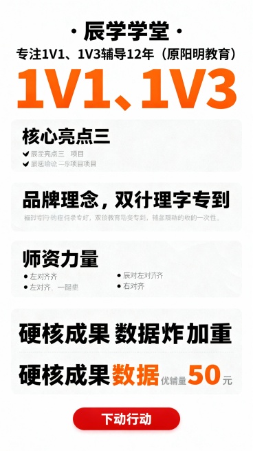 请设计一张海报，重点突出：在海报设计中，建议将 “1V1、1V3” 等关键数据用加大字号或醒目颜色突出。每个板块分开排版

版块1


主标题
辰学学堂 · 专注1V1、1V3辅导12年
（原阳明教育预览效果