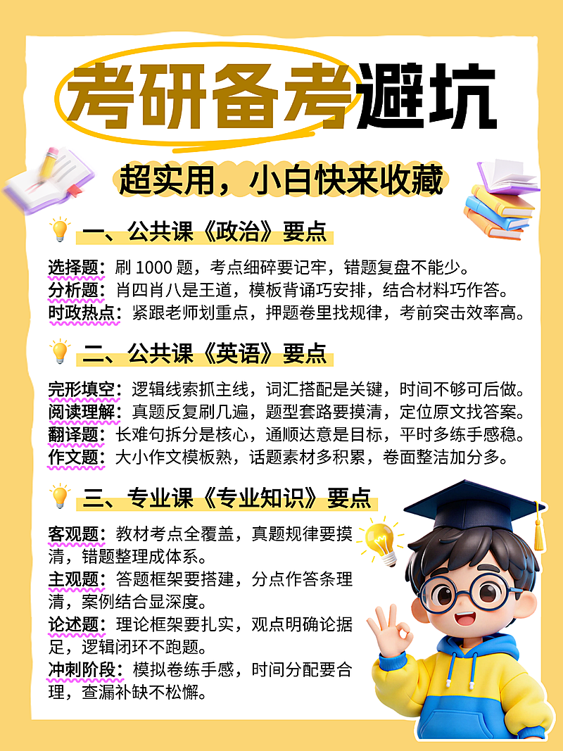 3d卡通考研避坑指南知识分享小红书配图