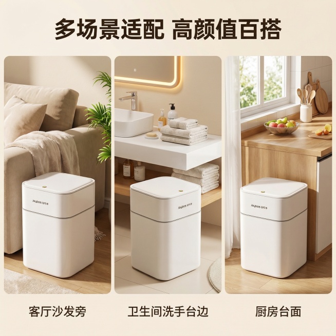 [主图 4] 多场景适配展示，保持产品外观和原图完全一致：白色方形按压弹盖垃圾桶，品牌logo为Joybos佳帮手。氛围风格为温馨舒适家居治愈风。采用三宫格拼图，分别展示垃圾桶放置在客厅沙发旁、卫生间预览效果