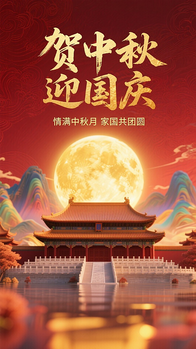 国潮风插画，鎏金文字辉映红墙金瓦，重拟物宫殿与梦幻满月交织，光影流动间尽显中式古典喜庆，中秋国庆双节共融，家国团圆情浓。