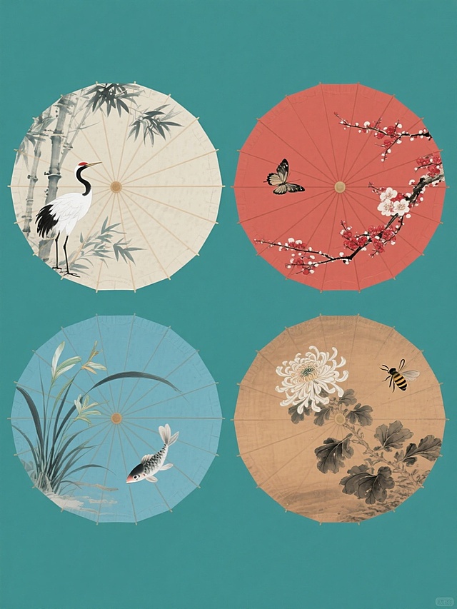 一组四幅中国传统水墨画风格的油纸伞图案系列素材，每幅均为纯色背景，保持原有的淡雅水墨笔触、柔和晕染效果及伞面放射状骨架结构，画面整体色彩分别变换为青绿色调、绛红色调、湖蓝色调与赭石色调，第一幅绘有翠竹与白鹭，第二幅为红梅与蝴蝶，第三幅是兰草与游鱼，第四幅呈菊花与蜜蜂，所有图案元素均采用细腻的工笔兼写意技法，构图疏密有致，色彩清雅和谐，四幅图案规整排布形成系列感。