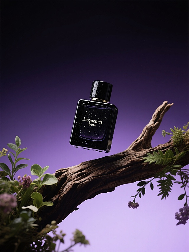 梦幻紫调中，香水瓶悬浮于古木枝桠，融合3D重拟物与玻璃风质感，虚实交织的自然奇境，尽显奢华优雅与神秘时尚。