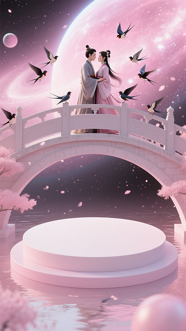 顶部有古装男女站在桥上相拥周围有喜鹊（不要超过画面中间）；画面底部有一个梦幻粉白色圆形展台（不要出现任何东西），背后是粉色的银河和星球，柔光粒子飘散。