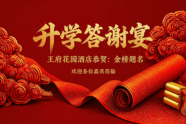 基于参考图生成一张风格一致的图片，保留红色祥云、红色卷轴、金色书卷等元素，整体红金喜庆国风3D风格，去掉原图所有文字。在画面中央添加三排横向排列的金色文字，居中对齐：
第一排（最上面，最大号金色书法字体）：升学答谢宴
第二排（中间，中等大小金色字体）：王府花园酒店恭贺：金榜题名
第三排（最下面，小号金色字体）：欢迎各位嘉宾莅临
排版整齐大气，整体喜庆庄重