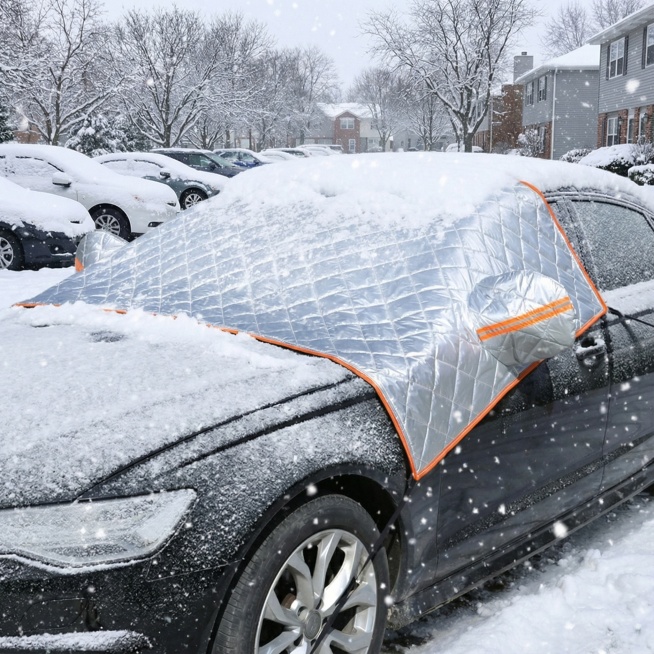 图片这款产品是汽车挡雪车罩，我在拼多多卖这款产品，请以我提供的产品图片为主图主体设计20张相关的电商主图。
1.主图文案要求：高效挡雪防霜，省时省力：采用高密度防水防雪面料，多重防护，守护车漆玻璃，防预览效果