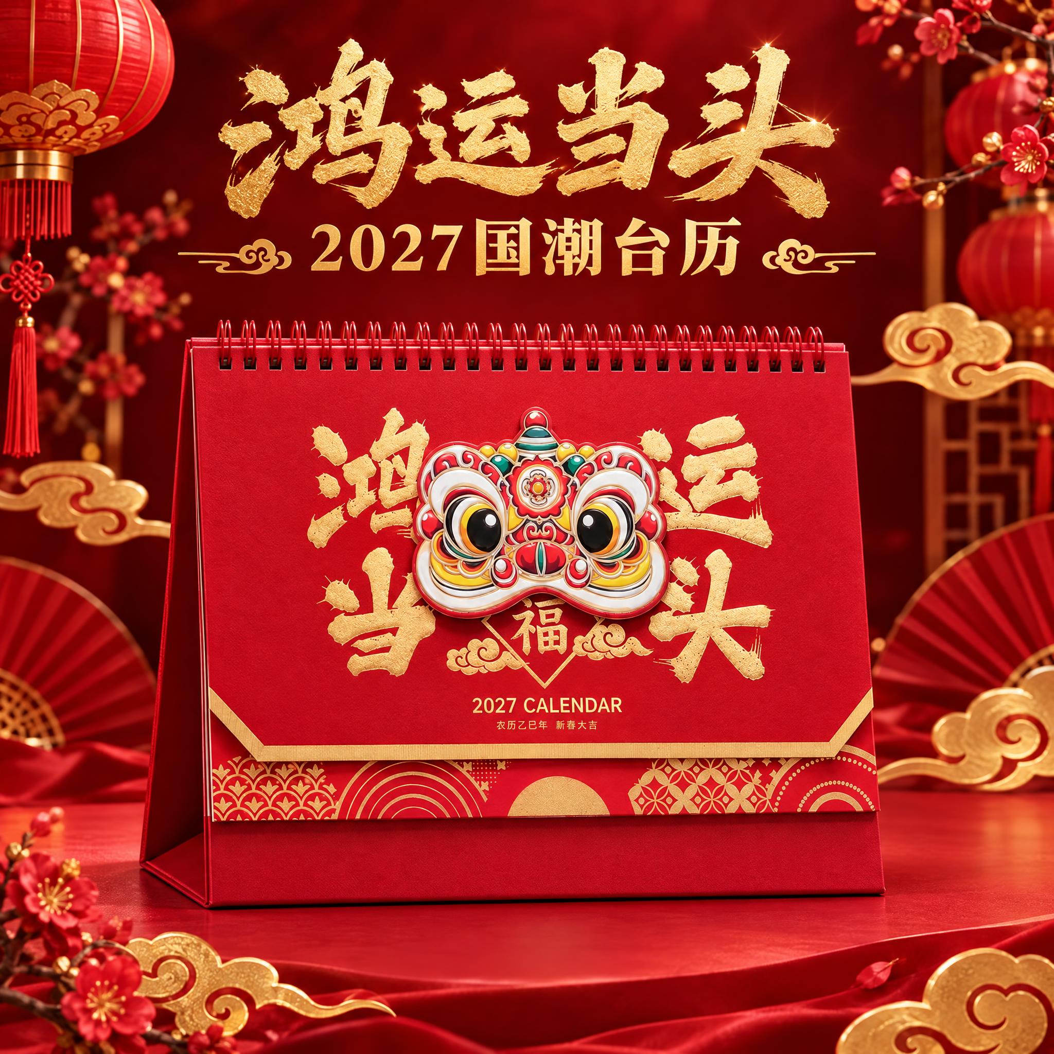 生成鸿运当头款台历单张主图。国潮喜庆风格，红金主色调，深红色渐… - 图片创意预览