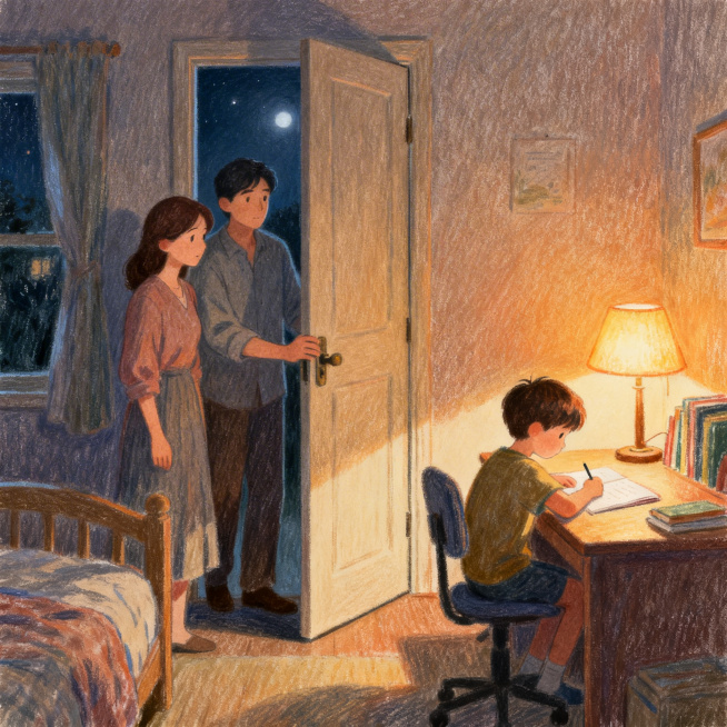温馨的家庭插画，夜晚房间里，父母轻轻推开房门站在门口，静静看着书桌前学习的孩子，父母表情关切温柔，画面充满爱意与理解，暖色调，柔和手绘风格，房间里台灯洒下温暖光晕预览效果