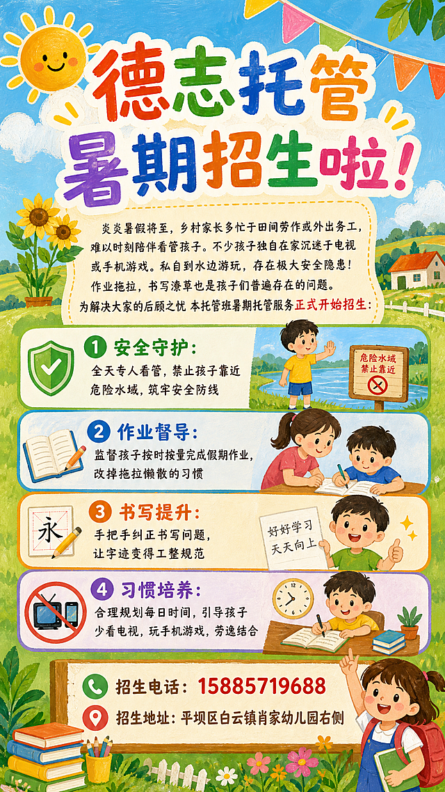 我需要你帮我生成一张招生简章。内容如下：德志托管暑期招生啦！
炎炎暑假将至，乡村家长多忙于田间劳作或外出务工，难以时刻陪伴看管孩子。不少孩子独自在家沉迷于电视或手机游戏。私自到水边游玩，存在极大安全隐患!作业拖拉，书写潦草也是孩子们普遍存在的问题。为解决大家的后顾之忧
本托管班暑期托管服务正式开始招生：
1、安全守护：全天专人看管，禁止孩子靠近危险水域，筑牢安全防线
2、作业督导：监督孩子按时按量完成假期作业，改掉拖拉懒散的习惯
3、书写提升：手把手纠正书写问题，让字迹变得工整规范
4、习惯培养：合理规划每日时间，引导孩子少看电视，玩手机游戏，劳逸结合专业看管，用心辅导。
招生电话：15885719688
招生地址：平坝区白云镇肖家幼儿园右侧
图片内容要符合小学生审美，采用平涂油画风格，图文一体
