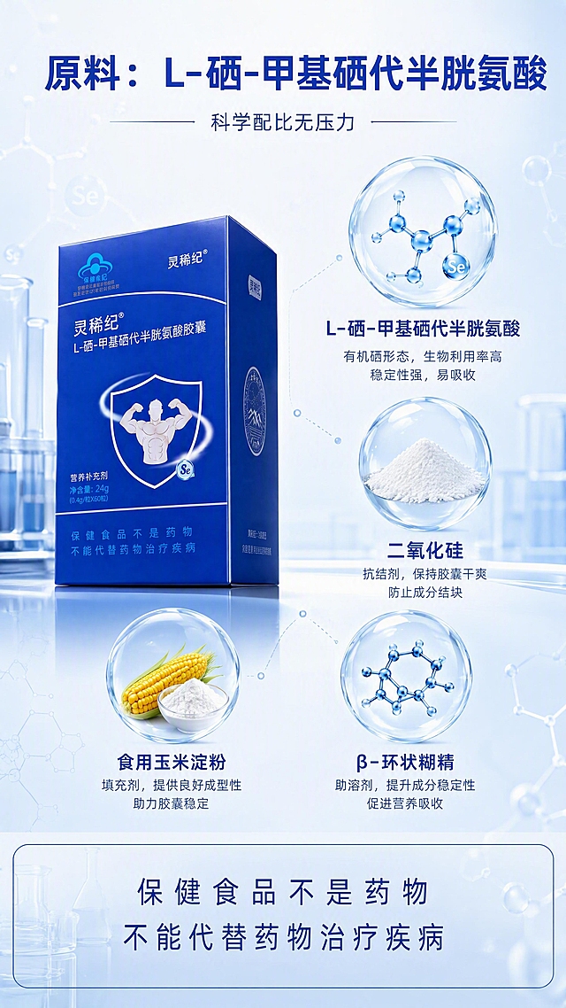 [第3张] 详情页原料解析页 - L-硒-甲基硒代半胱氨酸及配料成分说明。本张使用【图1】包装盒作为商品主体，【图6】作为原料展示参考。
[氛围/风格] 专业科研风，成分解析视觉，透明清晰质感。
[元素布局] 产品包装盒置于左侧，占比约35%；右侧及下方为原料成分展示区，用气泡式图标分别展示各配料成分；背景为淡蓝色渐变，带有科研实验室元素如烧杯、分子结构的简约线条装饰。产品包装与输入图一致。
[光影质感] 均匀柔光，整体通透明亮，科研严谨氛围。
[配色色系] 全局底色 #F5FAFF 极浅蓝；主色深蓝 #1E40AF；辅助色浅蓝气泡、白色背景。
[视角构图] 正面平视，左产品右成分的布局，阅读动线上方标题 → 左侧产品 → 右侧成分气泡。
[文字版式] 顶部居中主标题「原料：L-硒-甲基硒代半胱氨酸」深蓝色粗体大字；副标题「科学配比无压力」中号字；下方四个透明气泡图标分别标注配料：「L-硒-甲基硒代半胱氨酸」「二氧化硅」「食用玉米淀粉」「β-环状糊精」；底部合规提示「保健食品不是药物 不能代替药物治疗疾病」。文字清晰工整无畸变。
[比例分辨率] 9:16 竖版比例，4K 分辨率，文字清晰可辨，高清画质。
[负向提示词] 产品变形，文字错乱，水印，医疗功效词，绝对化用语，颜色偏差，成分错误。