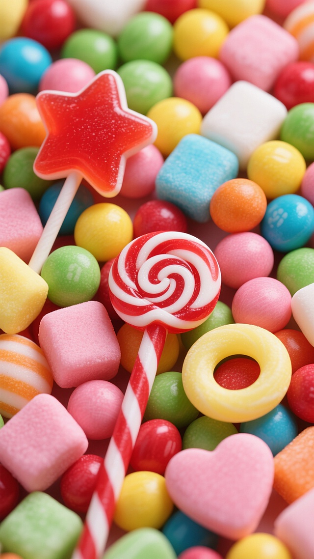 俯拍满构图的超写实干净风格糖果特写，红、黄、蓝、绿、粉等色彩糖果，星形硬糖显红亮，螺旋棒棒糖红白清晰，圆形糖豆彩色饱满，方形软糖质感柔和，心形糖果与环形糖圈相映，上方柔光造高光阴影凸显立体感，无留白全是糖果，色彩和谐且干净明亮。
