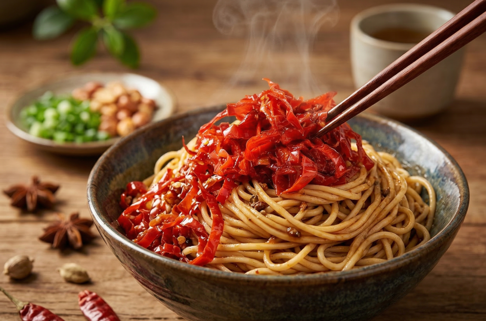帮我把图片中辣椒丝放在面条上，非常诱人的场景预览效果