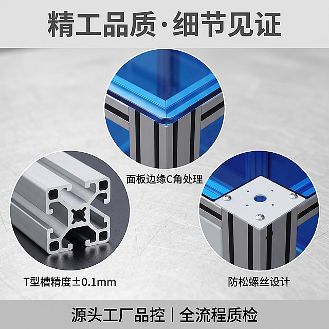 [主图-3] 铝型材框架防护罩材质与工艺细节特写图。

[氛围风格] 微距工业质感，突出精密制造；

[画质] 商业摄影质感、光线精准聚焦、产品细节清晰锐利、画面干净高级；

[元素] 三组微距特写：左上角为铝型材T型槽截面（展示精确尺寸与加工精度），右上角为蓝色透明面板边缘处理（展示无毛刺、光滑过渡），底部中央为连接件与螺丝固定细节（展示防松设计与紧固力）；背景为浅灰色工作台；顶部标题"精工品质·细节见证"；保持产品外观（即物理结构、材质质感、颜色）与输入产品图绝对一致，杜绝任何变形和色差，精细化处理。

[光影] 精准聚光灯照明，突出金属拉丝纹理与面板透光性；各特写区域有适度阴影增强立体感。

[配色] 主色：银灰色铝型材+蓝色透明面板；辅色：浅灰背景+深灰文字标签。

[视角构图] 多角度微距组合，各特写区域清晰分离但整体协调；信息布局紧凑但不拥挤。

[文字版式] 顶部居中标题"精工品质·细节见证"（粗体）；每个特写区域下方添加简短说明标签："T型槽精度±0.1mm" "面板边缘C角处理" "防松螺丝设计"；底部通栏："源头工厂品控 | 全流程质检"。

[比例分辨率] 1:1 比例2k 分辨率；文字清晰锐利，画面超高清。

[负向提示词] 变形，水印，文字错乱3D渲染感过强，背景杂乱，产品模糊，廉价白底摆拍感。