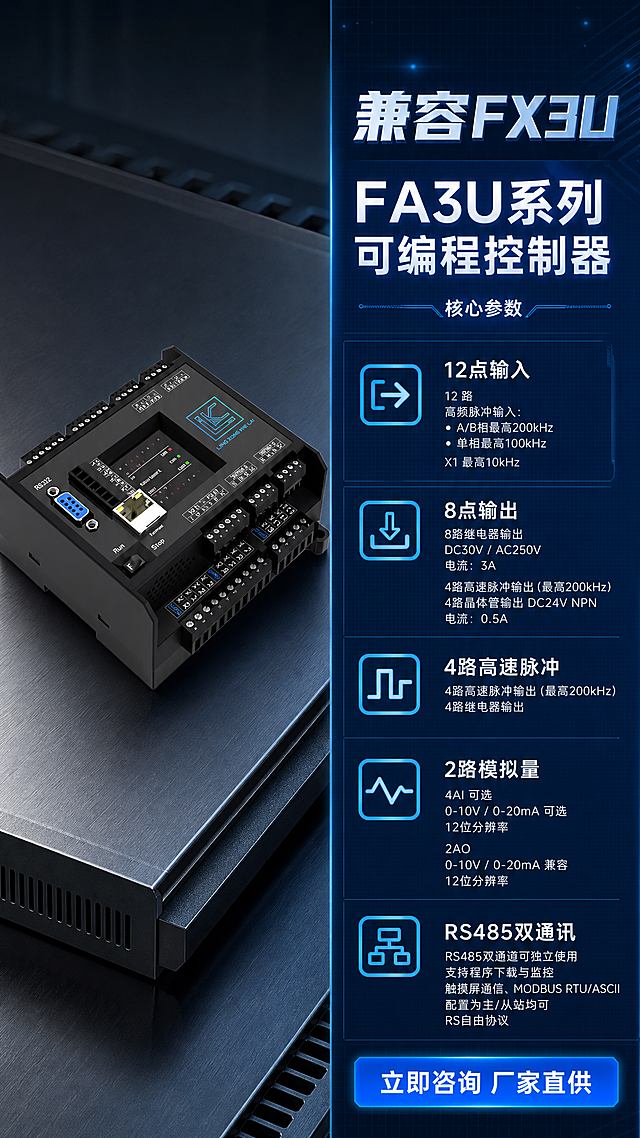 工业科技风PLC产品宣传海报，竖版9:16。画面采用左右分栏版式，左侧为产品展示区，以图2的FA3U-20 PLC产品为主体，100%还原上传图的外形、结构、接口、LOGO与材质，产品占画面45%，微俯拍角度悬浮于深色金属台面上。右侧为信息区，深蓝色背景配白色科技文字。顶部大标题"兼容FX3U"，下方主标题"FA3U系列可编程控制器"，再下方列出核心参数："12点输入 / 8点输出 / 4路高速脉冲 / 2路模拟量 / RS485双通讯"，底部CTA按钮"立即咨询 厂家直供"。背景为深蓝灰渐变，点缀科技感网格线与微弱蓝色光效。整体硬朗专业，工业风，版式精美，文字清晰可读，产品光影质感强，侧前方柔光，高清商业摄影品质。画面中所有数字必须精确渲染，不得错位、遗漏或编造。画面中所有信息区域必须填充完整合理的内容，不得出现空白框或占位。