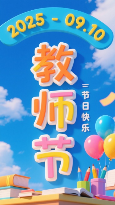 蓝色天空背景，顶部有蓝色可爱的边框包着黄色数字 “2025 - 09.10”，中央是彩色立体艺术字 “教师节”，“教” 字为橙色渐变，“师节” 为白色立体字搭配黄色描边，“节日快乐” 为蓝粉黄三色拼预览效果
