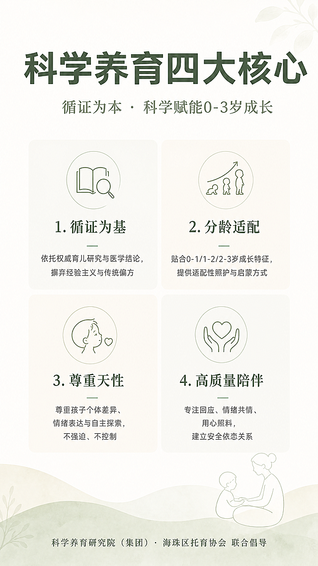 极简治愈、专业简约、低饱和高级风，大留白，无商业感，官方公益科普海报，主色调柔暖奶白、低饱和浅绿、浅米黄，顶部超大粗体字主标题"科学养育四大核心"，中字副标题"循证为本 · 科学赋能0-3岁成长"，使用极简四宫格规整排版展示四个核心模块：
循证为基：依托权威育儿研究与医学结论，摒弃经验主义与传统偏方
分龄适配：贴合0-1/1-2/2-3岁成长特征，提供适配性照护与启蒙方式
尊重天性：尊重孩子个体差异、情绪表达与自主探索，不强迫、不控制
高质量陪伴：专注回应、情绪共情、用心照料，建立安全依恋关系
每个模块搭配简约图标，底部固定落款：科学养育研究院（集团）· 海珠区托育协会 联合倡导
整体规整干净，学术感强，专业度直观可见，无任何营销元素，9:16竖版适配线上传播
