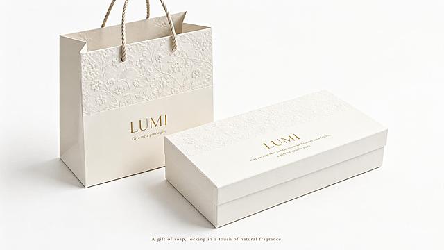 商业产品棚拍效果图，16:9横版，纯白色哑光背景，柔和低反差棚拍自然光，光线不要太强，避免大面积过曝，长方体礼盒盒盖区域保持细节清晰可见，所有物体统一向右下方投射非常柔和的浅阴影，画面四周大量留白，适合产品设计作品集，无水印，无多余杂物。使用参考图1的实物造型：左侧压纹手提纸袋、右侧长方形翻盖硬礼盒，保留两者本身的立体压纹浮雕纸张肌理、绳制手提绳、盒子翻盖结构、整体尺寸比例；彻底删除原图所有红色山茶花、花卉植物图案，移除原有全部文字和旧logo。手提纸袋（画面左侧）：袋面正中放置LUMI字体，改为烫金金属质感LOGO；LOGO下方印刷英文文字：Give me a gentle gift，烫金浅金色字体，不要任何花朵装饰。长方形硬礼盒（画面右侧，盒盖完全闭合平放）：盒盖居中放置LUMI烫金金属LOGO；LOGO下方印刷英文：Capturing the subtle glow of flowers and fruits, a gift of gentle care，烫金浅金色字体，清除全部花卉纹样。长方体礼盒盒面、盒盖边缘、盒身侧面必须清晰可见，不要被强光、反光或阴影遮挡。画面底部空白区域，居中放置小号烫金英文文本：A gift of soap, locking in a touch of natural fragrance。严格要求：只替换logo、替换指定英文文案、删除全部花朵图案；纸张浮雕压纹肌理、纸袋礼盒的外形结构、绳提手全部原样保留；光影统一干净，高级极简礼赠包装质感，不要新增任何装饰花纹。整体亮度适中，盒盖细节优先清楚表达。
