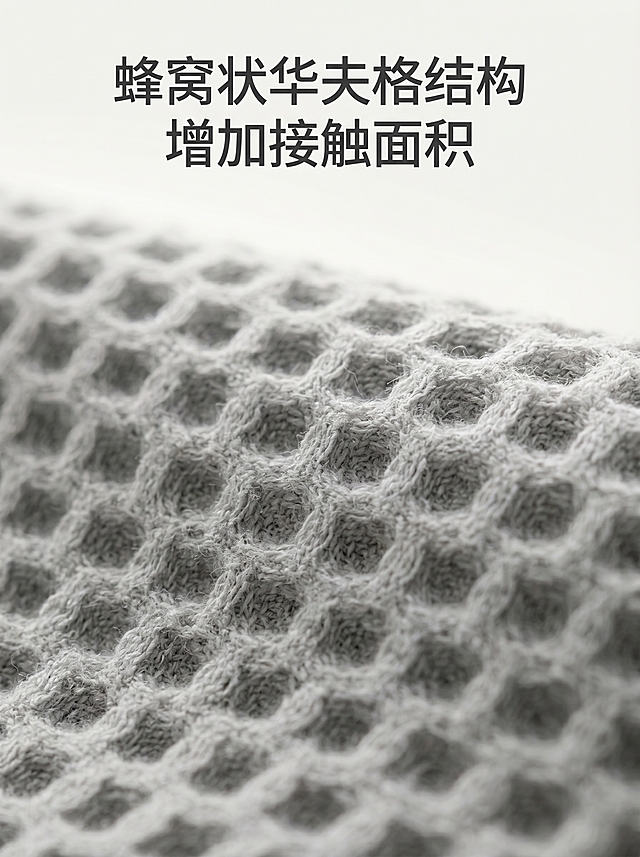 [主图 4]材质细节特写
[氛围风格]欧美简约质感风
[画质]商业摄影质感，光线柔和通透，产品清晰真实，画面干净高级
[元素]微距放大干发帽华夫格蜂窝纹理，展示复合纤维织造细节，侧逆光突出纹理立体感，保持产品原有材质纹理与输入产品图绝对一致，杜绝任何变形和色差，精细化处理。画面主体为纹理特写，占比约80%。画面满屏无边框。
[光影]侧逆光勾勒纹理轮廓，突出华夫格凹凸结构，层次感强
[配色]保留产品原色，浅背景衬托纹理细节
[视角构图]微距特写，焦点清晰落在纹理上
[文字版式]顶部标题“蜂窝状华夫格结构 增加接触面积”，浅底深字清晰不抢主体
[比例分辨率]3:4比例，2k分辨率，文字清晰可辨，超高清
[负向提示词]变形，水印，文字错乱，产品图模糊，背景杂乱