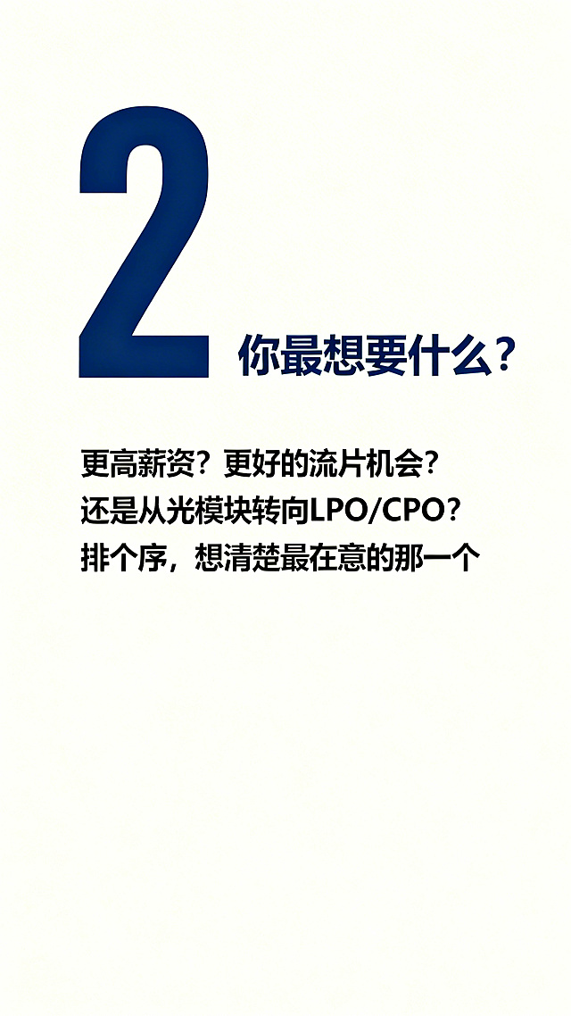极简内容页，米白色纯色背景，大号深蓝色的序号数字"2"放置在左侧，文字内容：主标题"你最想要什么？"，正文"更高薪资？更好的流片机会？还是从光模块转向LPO/CPO？排个序，想清楚最在意的那一个"，整体排版清晰，设计简约干净