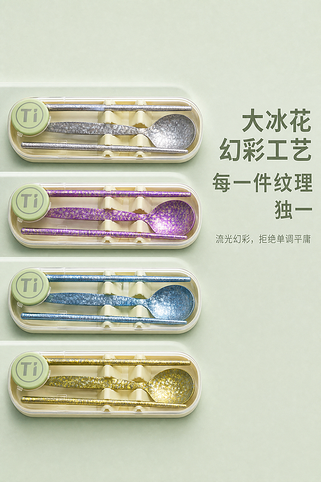 2:3 竖屏，严格还原上传的产品图，包括包装设计、颜色、LOGO 位置、文字内容、图案元素等所有细节，去掉无关的背景杂物或者手；产品尺寸：筷子长度 19cm，勺子长度 17cm，尺寸比例保持 1:1，8K 超写实电商详情工艺卖点页，哑光质感风、通透轻奢风，大冰花幻彩钛金属肌理，四色勺筷局部特写分区域展示，银色、紫色、蓝色、金色冰花幻彩色彩质感依次呈现，浅薄荷绿低饱和背景，漫射柔光，捕捉金属冰花斑驳闪光纹理。主标题【大冰花幻彩工艺 每一件纹理独一】右对齐大无衬线字体，副标题【流光幻彩，拒绝单调平庸】右对齐细体小字，信息布局：画面右侧右对齐排布标题 + 副标题文案，画面左侧四色产品分区陈列特写，右对齐排版，薄阴影极简文字效果，工艺卖点可视化，突出不同颜色钛材的冰花光影变化，视觉新颖大胆，整套画面风格统一无割裂。负面提示词：人物，手，模特，水印，多余文字，污渍，磕碰变形，掉色，卡通，插画，噪点，昏暗，杂乱背景，塑料质感，颜色溢出失真，纹理重复模板化