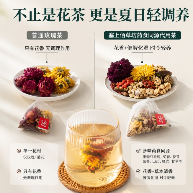 「图片1」，生成一套主图（4张），商品佰草坊·仲夏玫瑰饮
产品名称：仲夏玫瑰饮
 
配料：重瓣红玫瑰、菊花、决明子、茯苓、白扁豆花、木瓜、甜叶菊
执行标准：GH/T 1091 代用茶，药食同源全配料，预览效果