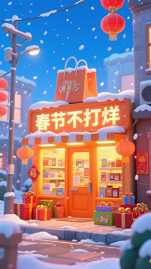 强烈突出春节氛围，橙色的商店，内部是日用品店店铺，门口牌子写着春节不打烊，暖黄灯光。购物袋顶部有覆着雪的礼盒。周围点缀礼盒、灯笼、冬日雪景街道背景，蓝天