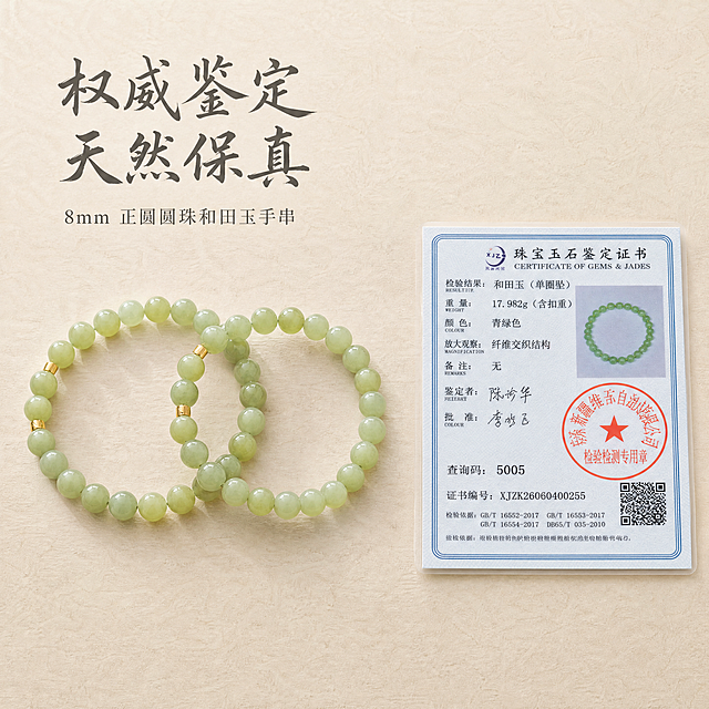 [主图-4] 和田玉手链权威鉴定证书保真主图。
[氛围风格] 专业靠谱信任感 品质背书
[画质] 商业摄影质感 清晰通透 信息准确可读
[元素] 左侧主体展示和田玉手链完整静物，保持青绿色圆珠和金色隔片样式不变，右下角放置完整鉴定证书展示，证书呈现出红色检验印章、鉴定结果和田玉、颜色青绿色等关键信息，证书自然摆放不遮挡手链主体。背景统一为浅米宣纸质感，和前两张主图风格统一。商品主体手链+证书占比约70%，画面满铺无边框。
[光影] 均匀柔光打亮 手链和证书都清晰可见 信息文字锐利不模糊 没有硬阴影
[配色] 主色浅米白 搭配玉石青绿色 证书红色印章作为强调色 整体专业统一
[视角构图] 俯视平拍 左侧手链右侧证书 二分构图 信息分区清晰
[文字版式] 左上留白写大字 "权威鉴定 天然保真"，书法字体 浅墨色，不遮挡主体；右下角证书自带信息保留清晰可读。
[比例分辨率] 1:1比例 4K分辨率 文字清晰 画面超高清
[负向提示词] 变形 水印 文字模糊 证书信息错乱 背景杂乱 产品色差