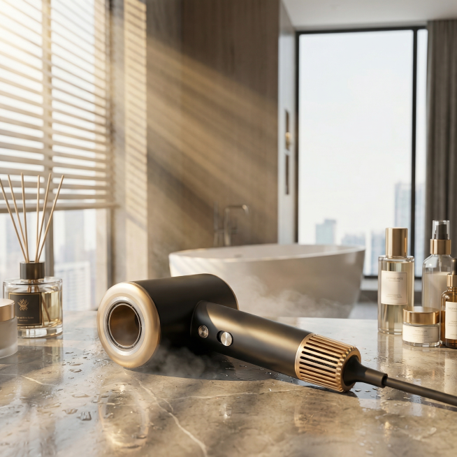 高速吹风机，保持哑光黑+轻奢金真实金属质感，锁定产品原始结构、比例、部件完全不变，无标识标识，金属件保留温润暖光反射。
产品放置在岩板书台面上，现代轻奢浴室环境，清晨透过百叶窗的丁达尔暖光斜射，旁侧搭预览效果