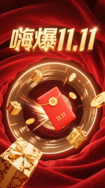 8K 超高清画质，如电影级商业广告画面般精致，摄影级别的专业呈现。画面以浓郁的红色作为背景主色调，仿佛是红丝绒质地，散发着奢华且热烈的光泽。醒目的标题 “嗨爆 11.11” 以立体金色大字呈现，字体边预览效果