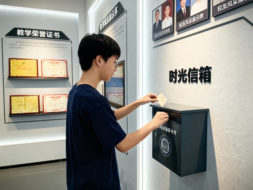 实文化一小校史展厅
序厅：时光之门・精神序章​
核心视觉​
主形象墙，镌刻校训 “崇德笃学 砺行致远”，下方嵌入地面投影时间轴，流动呈现建校以来关键年份。中央设置全息投影装置，循环播放由师生共同拍摄的预览效果