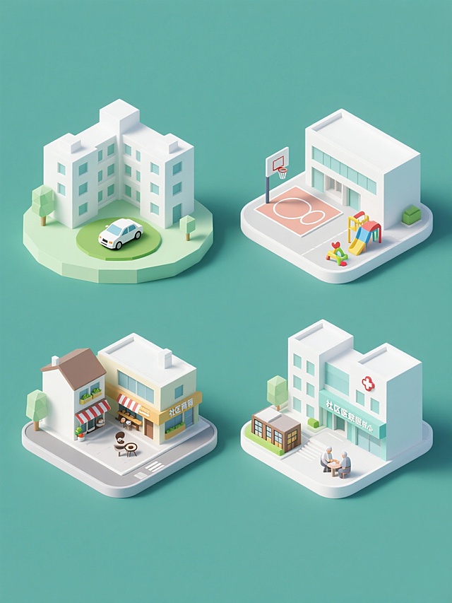 纯色背景下的3D立体风格社区元素系列素材集合，包含四个完全不同造型的社区场景，规整排布。每个场景均采用简约现代的低多边形设计，以白色和浅绿色为主色调，搭配柔和的高光和轻微阴影增强立体感。第一个场景是多层住宅楼群与圆形绿地处的小汽车；第二个场景是带篮球场和儿童游乐设施的社区中心；第三个场景是包含超市、便利店和咖啡馆的社区商业街；第四个场景是拥有图书馆、老年活动中心和社区医院的公共服务建筑群。所有元素均保持统一的圆角立方体造型和等距视角，整体布局对称均衡，信息传达清晰，适合作为社区宣传或服务介绍的系列图标使用。