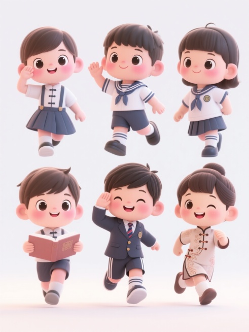 Q版可爱卡通风格3D渲染儿童系列素材套系，六个不同造型的儿童角色，均保持圆润饱满的头部比例、明亮大眼睛、微笑表情和粉嫩腮红的统一萌系特征，每个儿童穿着不同款式的校服，包括短袖衬衫配背带裙、立领中山装式校服、水手服、英伦学院风西装套装、运动式校服和传统中式校服，角色姿态各异（挥手、跳跃、读书、敬礼、微笑、奔跑），色彩明快柔和，材质表现细腻有质感，光影立体柔和，白色背景突出主体，整体风格统一且充满……预览效果