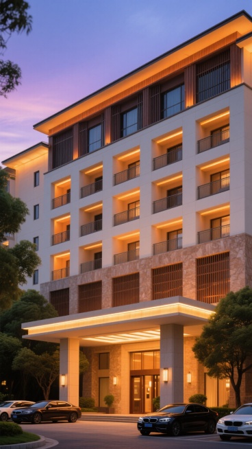现代简约风格的高端酒店外观，黄昏时分，温暖的橙黄色灯光从建筑立面上的横向长窗和入口雨棚下的条形灯带透出，照亮米白色与浅棕色相间的石材幕墙和木质格栅，建筑呈对称结构，多层客房外带深色金属栏杆阳台，入口处有宽敞的门廊和几根方形立柱，门前停放着几辆轿车，周围有绿树环绕，天空呈现渐变的蓝紫色调，光影柔和，营造出宁静而奢华的氛围。预览效果