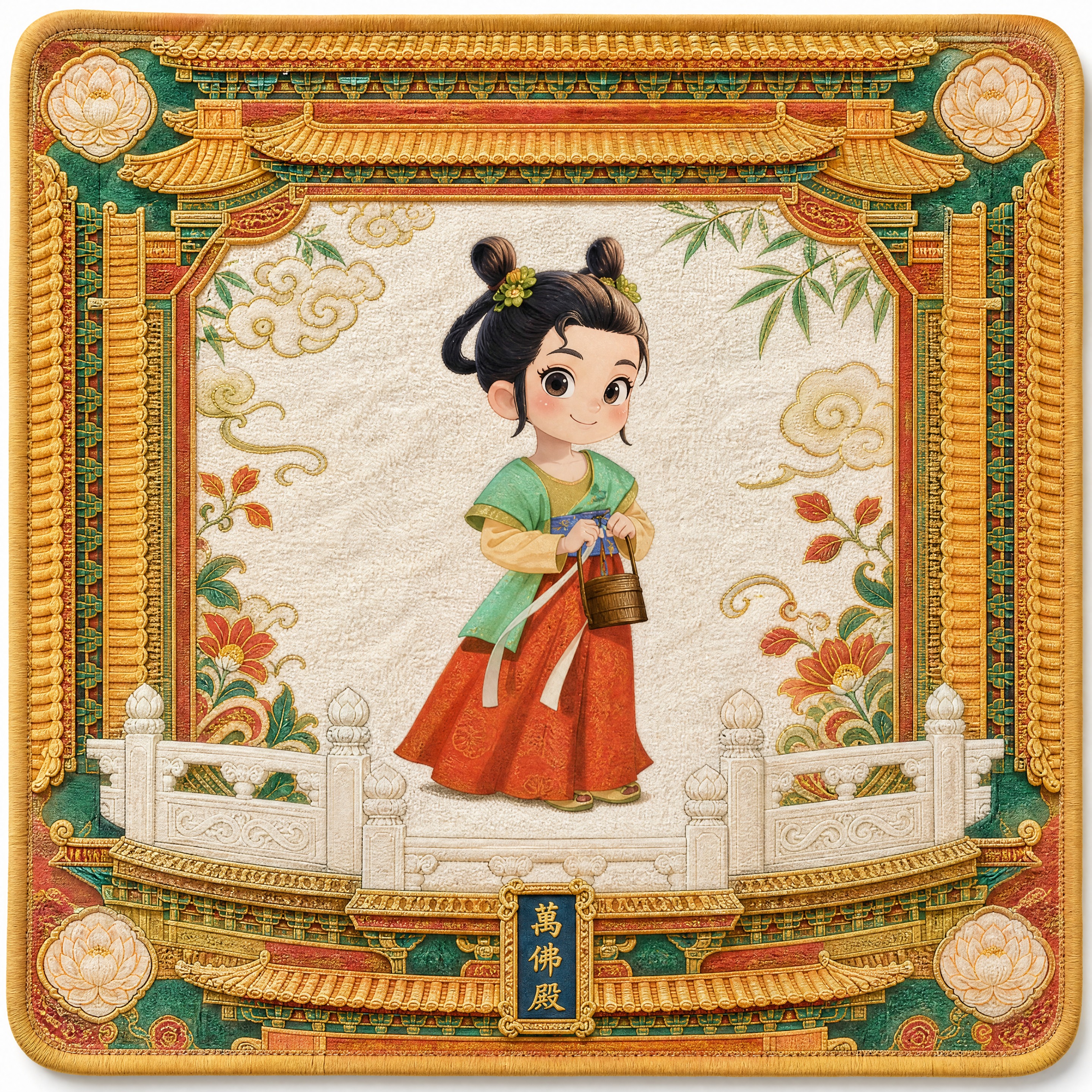 设计一款精美的中国风擦手巾，擦手巾中央主体是参考图中Q版汉服小… - 图片创意预览