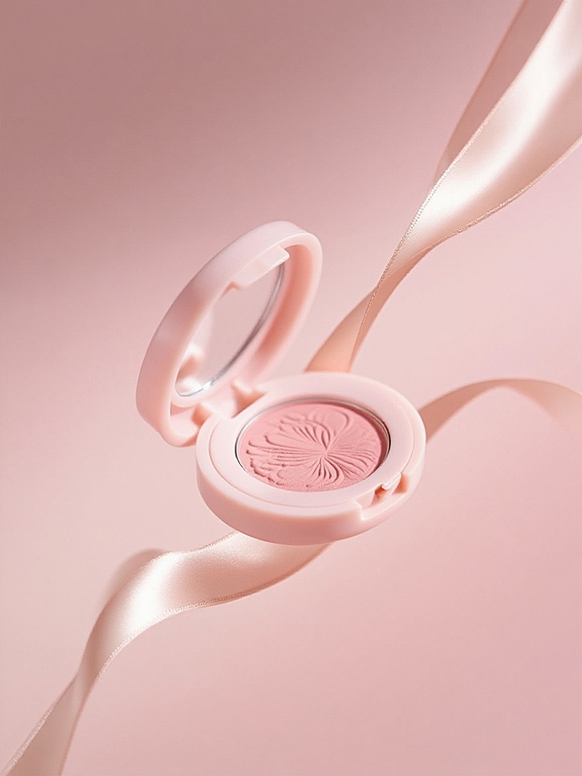 保留原图主体比例不变，浅粉色渐变背景，主体悬浮，一根浅粉色丝绸围绕