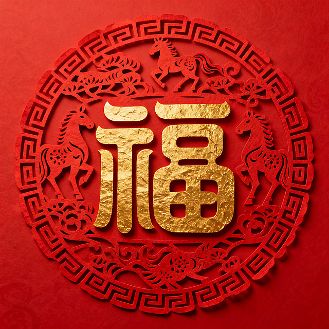 春节马年主题，大红色背景带有剪纸风格马纹、回纹，正中间是具有设计感的篆书金色福字，字体古朴厚重