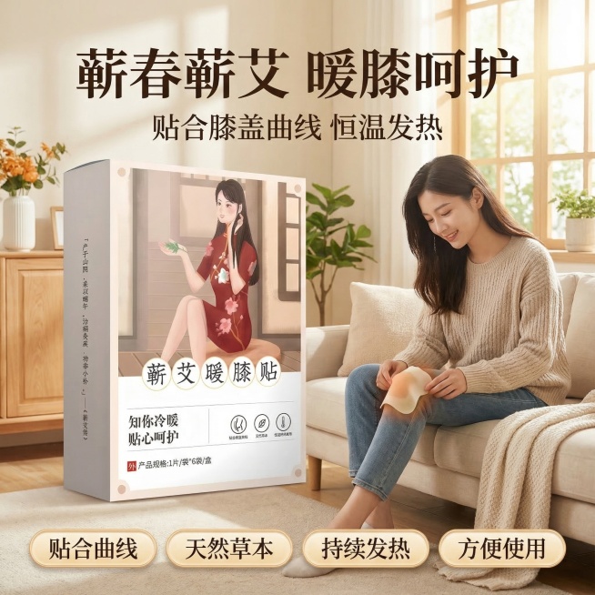 [图生图]基于参考产品图生成淘宝1:1主图首图，产品为蕲艾暖膝贴，风格为养生治愈、日常通勤，产品包装盒居中放置占比60%，搭配一位亚洲年轻女性展示使用场景，背景为浅木色温馨居家环境，暖光柔和。文案内容预览效果