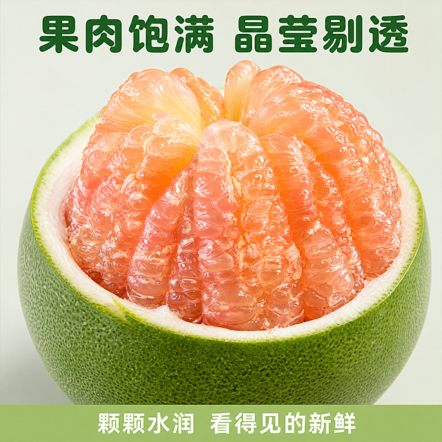 [第3屏] 红心果肉切开质地特写展示。
[氛围/风格] 微距生鲜摄影，突出果肉晶莹饱满的水润质感，新鲜有食欲的视觉效果。
[元素布局] 使用用户提供的【图3】作为主体参考，保留完整剥开的青柚果实结构、淡红色晶莹果肉、绿色果皮纹理与输入图一致。完整果肉占据画面70%-75%主体区域，微距放大展示果肉颗粒细节，画面底部预留少量文字区域。背景用简洁浅灰色衬底，突出果肉质感。
[光影质感] 侧前方柔光打亮果肉切面，突出颗粒晶莹通透的水润光泽，纹理清晰可见，整体明暗层次分明，真实还原新鲜果肉状态。
[配色色系] 全局底色：#F0F5E9（浅草绿）；主体配色：绿色果皮 + 淡红色晶莹果肉；辅助色：#165D27（深绿标题字）。保持与全套配色统一。
[视角构图] 正面微距特写视角，完整果肉居中展示，构图饱满突出主体，细节清晰。
[文字版式] 顶部大标题「果肉饱满 晶莹剔透」深绿居中，字号为画面高度7%，底部浅绿信息条标注「颗颗水润 看得见的新鲜」白色文字。使用圆角粗黑体标题字形，深绿字一色，字效为纯色填充，正文同家族无衬线字体。
[比例分辨率] 1:1 方图比例，2K分辨率，文字清晰可辨，超高清。
[负向提示词] 果肉发黑，果实变形，颜色失真，文字错乱，背景杂乱，水印
