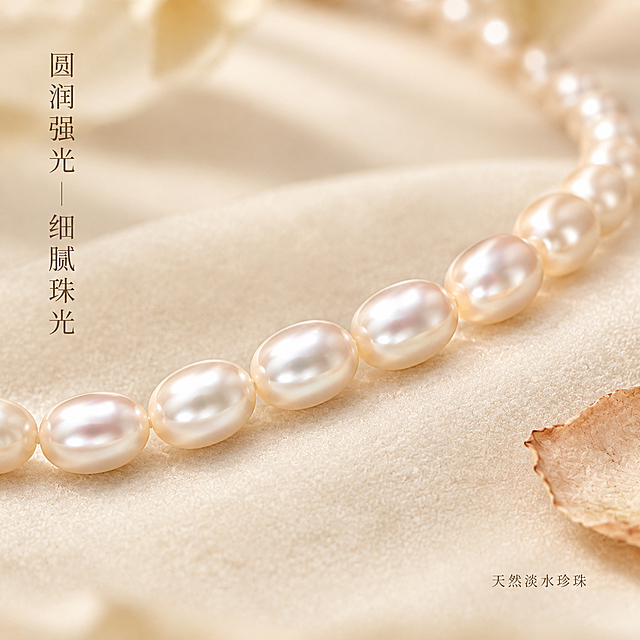 [主图-2] 核心亮点 珍珠材质与珠光工艺展示 微距特写
[统一基调] 淘宝/天猫珠宝饰品主图，简约奶油风，浅暖调自然光，低饱和度，高级静物摄影质感；背景主色奶油米白+浅香槟金点缀；标题字色深咖棕，辅助字色浅棕灰；字体为纤细文艺衬线体，字号层级分明；整体克制精致，文字占比<15%，无厚重色块，无边框。
[画面] 项链严格参照上传产品图，完整保留所有可见组件、轮廓、结构、比例、材质、颜色，与上传图完全一致。画面采用微距特写视角，聚焦于项链中段的3-5颗珍珠，珍珠占画面约40%，清晰展示米形珍珠的圆润形态、细腻皮光与柔和珠光层次。珍珠自然排列于浅米色丝绒布面上，背景为虚化的奶油色柔焦背景，浅景深，前后珍珠逐渐柔焦虚化。画面左侧竖排纤细文案「圆润强光 细腻珠光」，右侧下方小号辅助文「天然淡水珍珠」。画面右下角点缀一片干枯玫瑰花瓣，与整体调性统一。
[光影质感] 浅暖调柔光从斜前上方30°均匀铺洒，珍珠表面形成柔和高光带与细腻渐变珠光，光晕自然过渡；珍珠底部有柔和接触阴影，立体感强；商业级精修质感，珍珠表面无灰尘、划痕、指纹，通透干净但不失真。
[配色] 奶油米白为主（≥75%），珍珠本体奶油白伴淡粉香槟光泽，点缀浅奶茶棕、淡金色；低饱和度。
[文字版式] 左侧竖排主文案「圆润强光 细腻珠光」，深咖棕色纤细衬线体，字号适中；右下方辅助文「天然淡水珍珠」，浅棕灰色，字号缩小50%以上；文字放在负空间，不遮挡珍珠主体。
[输出要求] 比例1:1，2K高清，珍珠细节清晰，珠光质感真实；负向：变形、错字、模糊、杂乱、水印、平台Logo、珍珠表面脏点、过曝发白。