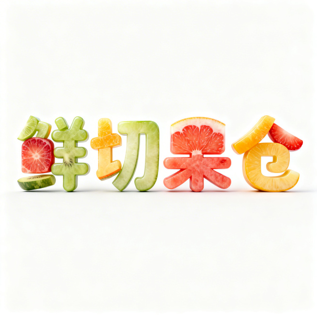 干净的纯白色背景。
3D艺术字体设计，四个字"鲜切果仓"，所有文字单行横向排列，笔画圆润饱满，"鲜切"和"果仓"之间自然连接，字体整体由新鲜切片的多种鲜果果肉拼接构成，呈现出鲜嫩多汁的果肉纹理，果肉色预览效果